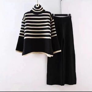 Large size loose versatile turtleneck knitted sweater for women + high waist drape straight casual knitted wide - leg pants two - piece set - Negative Apparel