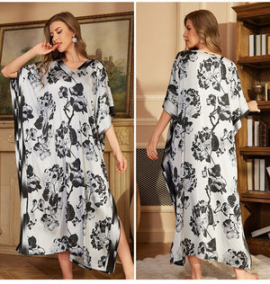 large - size printed pajamas women's spring and summer robes are elegant and high - end nightgowns DP3393 - Negative Apparel