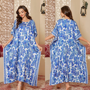 large - size satin pajamas women's summer mid - east wind loose and gorgeous printed blouse loose robe DP3428 - Negative Apparel