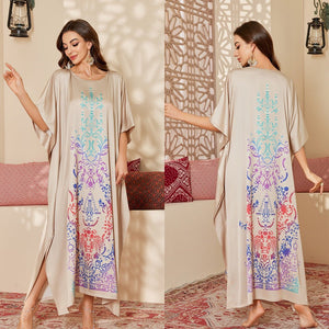 large - size satin pajamas women's summer mid - east wind loose and gorgeous printed blouse loose robe DP3428 - Negative Apparel