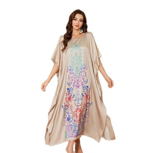 large - size satin pajamas women's summer mid - east wind loose and gorgeous printed blouse loose robe DP3428 - Negative Apparel
