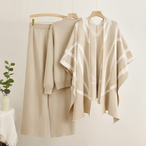 Lazy style knitted sweater shawl cape wide - leg pants three - piece set - Negative Apparel