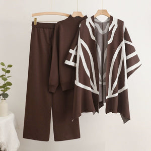 Lazy style knitted sweater shawl cape wide - leg pants three - piece set - Negative Apparel