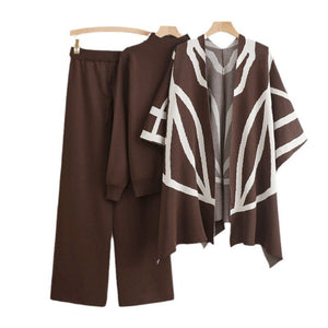 Lazy style knitted sweater shawl cape wide - leg pants three - piece set - Negative Apparel