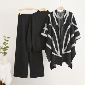 Lazy style knitted sweater shawl cape wide - leg pants three - piece set - Negative Apparel