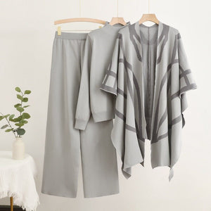 Lazy style knitted sweater shawl cape wide - leg pants three - piece set - Negative Apparel