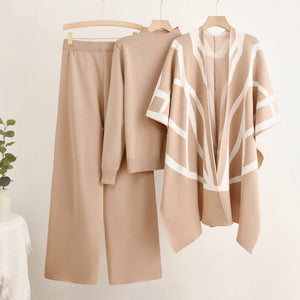 Lazy style knitted sweater shawl cape wide - leg pants three - piece set - Negative Apparel