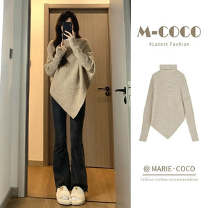 Lazy wind soft waxy knitted top thickened irregular turtleneck solid color sweater - Negative Apparel