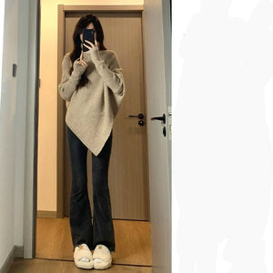Lazy wind soft waxy knitted top thickened irregular turtleneck solid color sweater - Negative Apparel