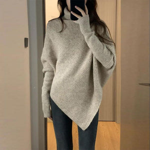 Lazy wind soft waxy knitted top thickened irregular turtleneck solid color sweater - Negative Apparel
