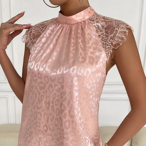 Leopard print semi - turtleneck shirt lace sleeve top - Negative Apparel