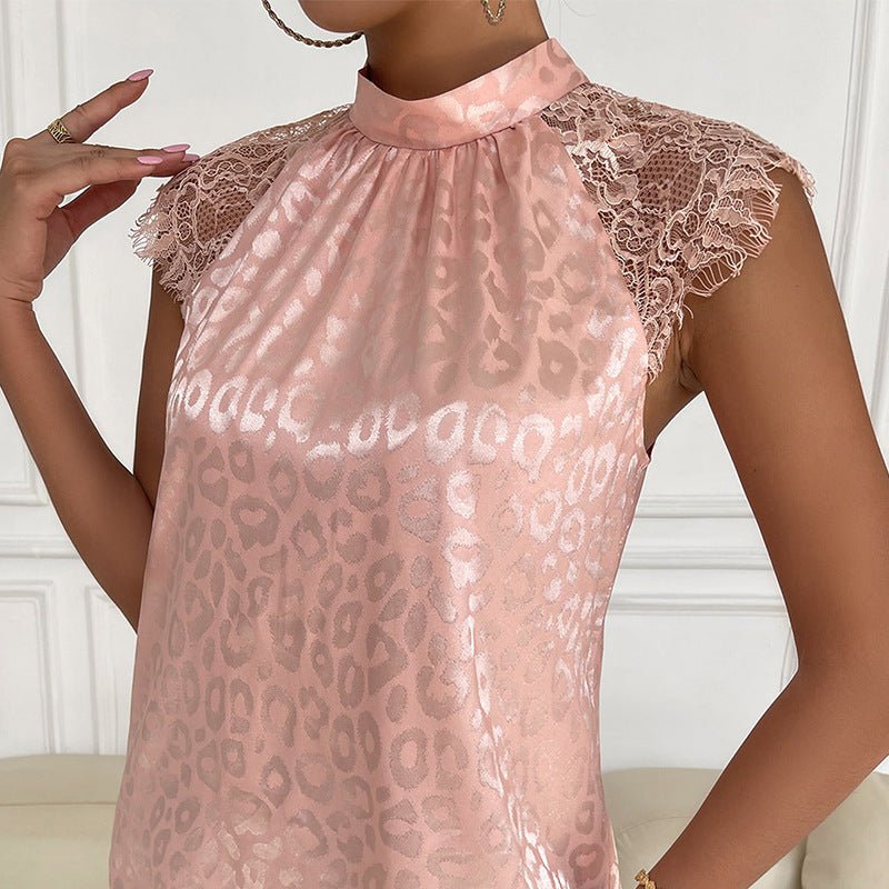 Leopard print semi - turtleneck shirt lace sleeve top - Negative Apparel