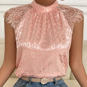 Leopard print semi - turtleneck shirt lace sleeve top - Negative Apparel