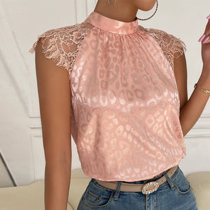 Leopard print semi - turtleneck shirt lace sleeve top - Negative Apparel