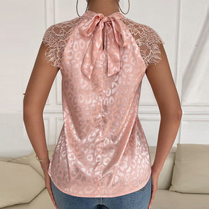 Leopard print semi - turtleneck shirt lace sleeve top - Negative Apparel