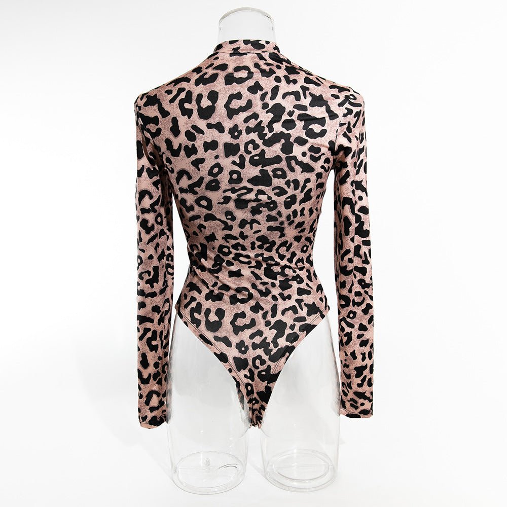 Leopard print sexy splicing transparent mesh body - shaping jumpsuit long - sleeved leopard print outfit - Negative Apparel