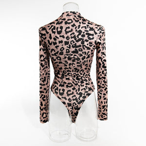 Leopard print sexy splicing transparent mesh body - shaping jumpsuit long - sleeved leopard print outfit - Negative Apparel