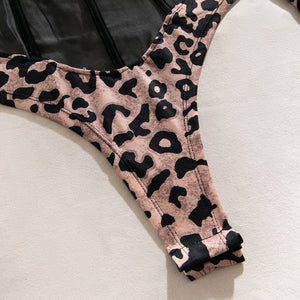 Leopard print sexy splicing transparent mesh body - shaping jumpsuit long - sleeved leopard print outfit - Negative Apparel