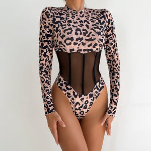 Leopard print sexy splicing transparent mesh body - shaping jumpsuit long - sleeved leopard print outfit - Negative Apparel