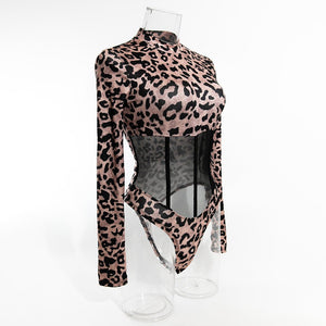 Leopard print sexy splicing transparent mesh body - shaping jumpsuit long - sleeved leopard print outfit - Negative Apparel