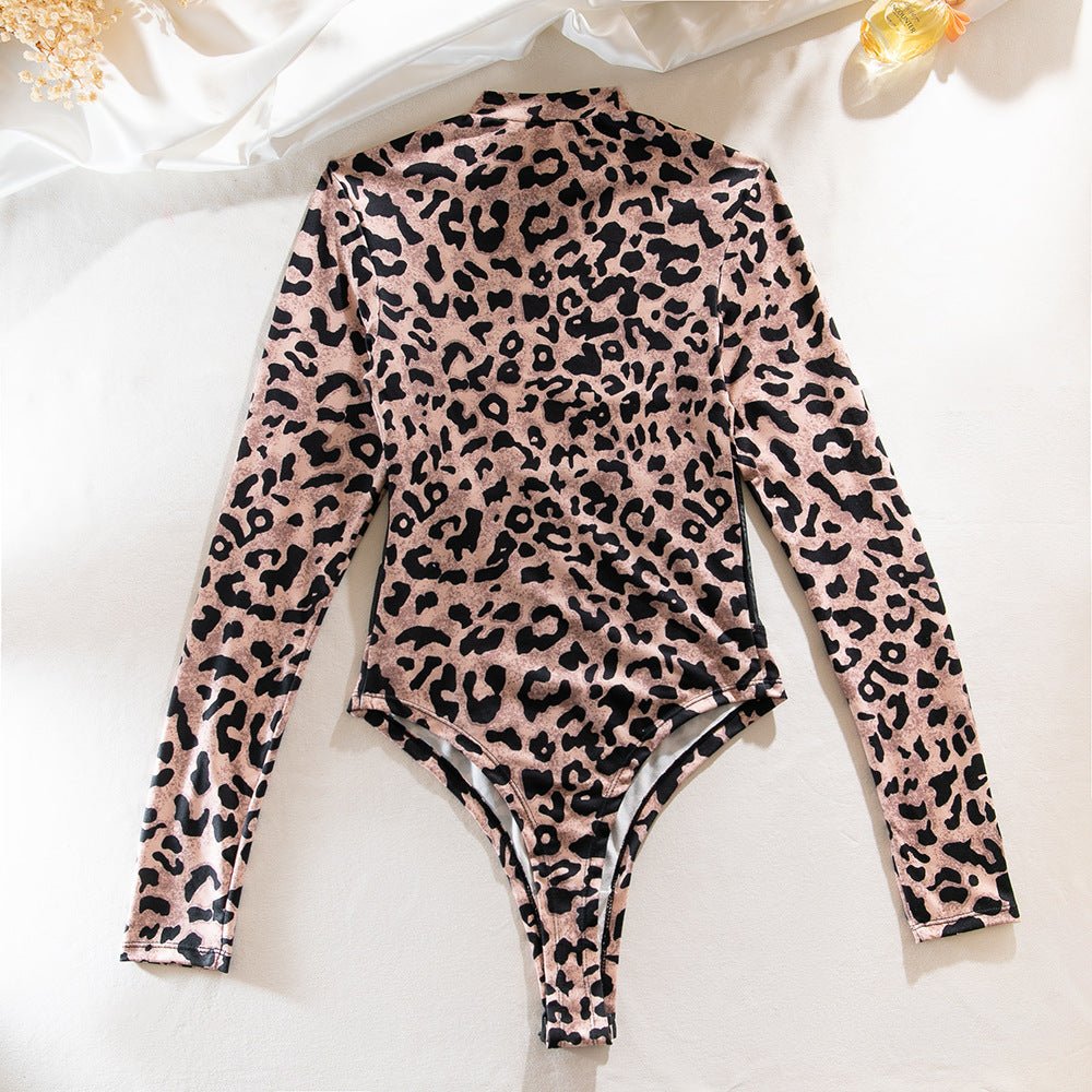 Leopard print sexy splicing transparent mesh body - shaping jumpsuit long - sleeved leopard print outfit - Negative Apparel