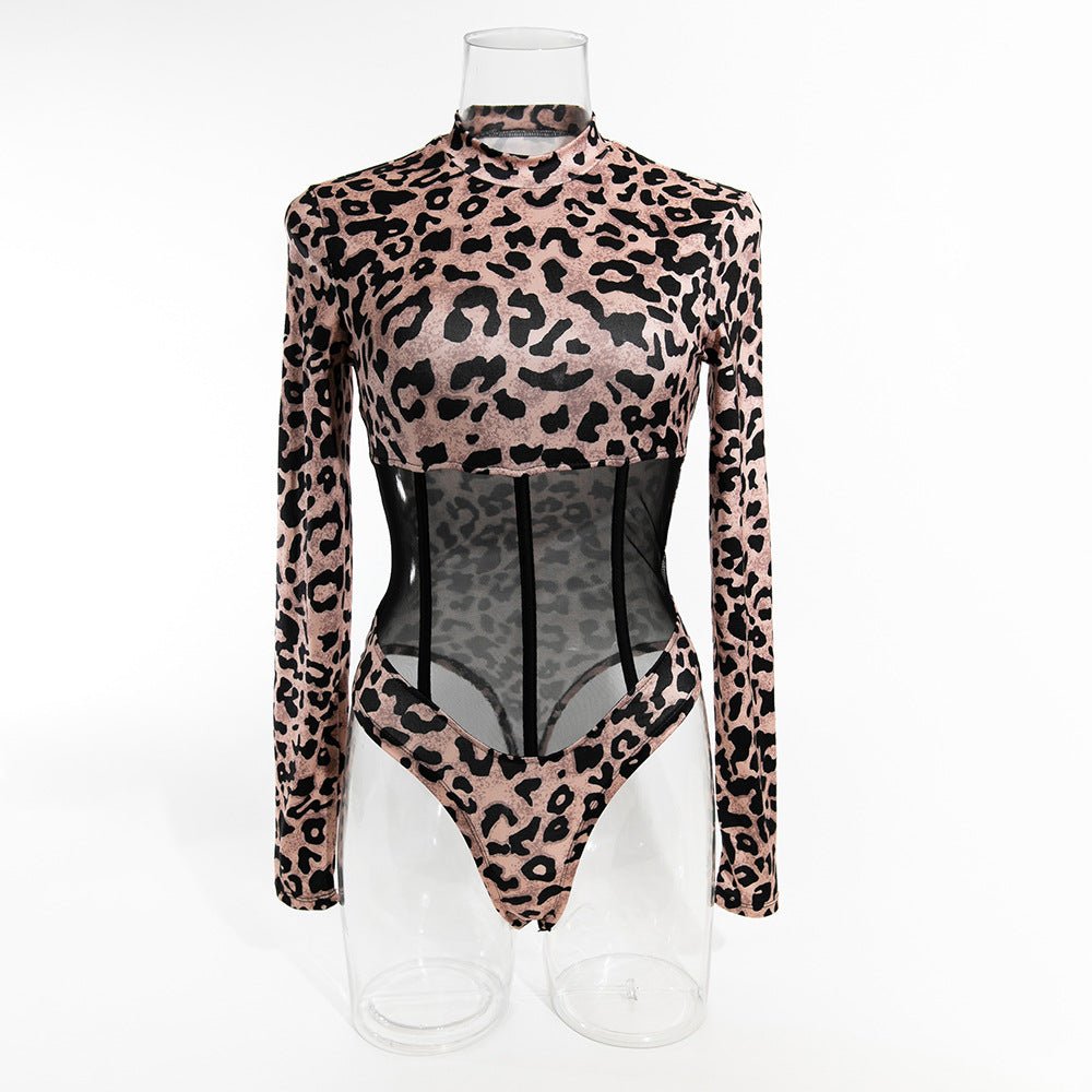 Leopard print sexy splicing transparent mesh body - shaping jumpsuit long - sleeved leopard print outfit - Negative Apparel
