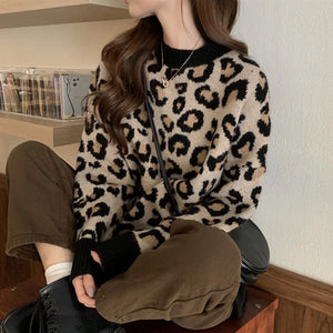 Leopard print sweater women's spring, autumn and winter 2024 new lazy wind Korean version loose ins super fire knitted bottoming shirt women - Negative Apparel