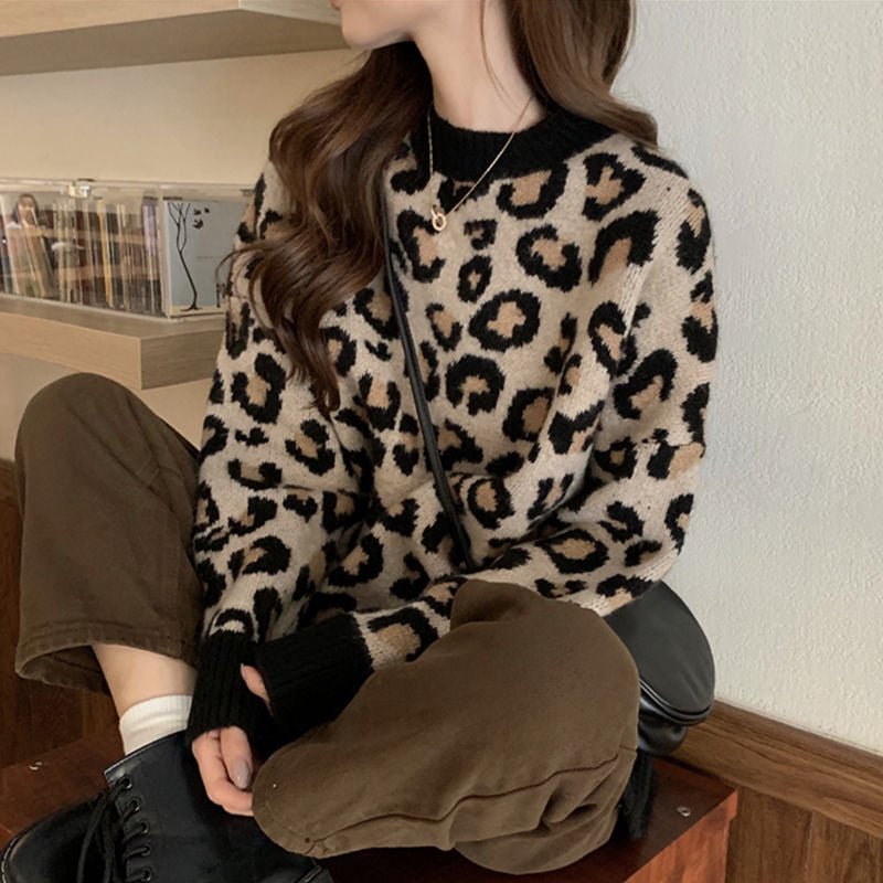 Leopard print sweater women's spring, autumn and winter 2024 new lazy wind Korean version loose ins super fire knitted bottoming shirt women - Negative Apparel