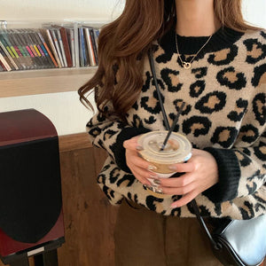 Leopard print sweater women's spring, autumn and winter 2024 new lazy wind Korean version loose ins super fire knitted bottoming shirt women - Negative Apparel