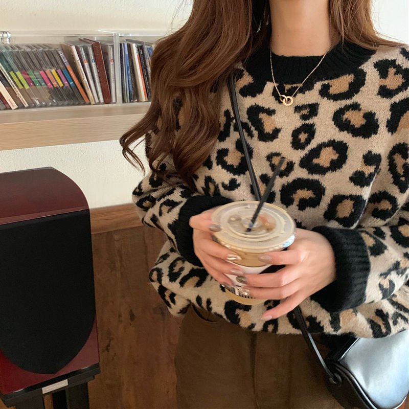 Leopard print sweater women's spring, autumn and winter 2024 new lazy wind Korean version loose ins super fire knitted bottoming shirt women - Negative Apparel