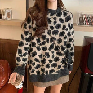 Leopard print sweater women's spring, autumn and winter 2024 new lazy wind Korean version loose ins super fire knitted bottoming shirt women - Negative Apparel