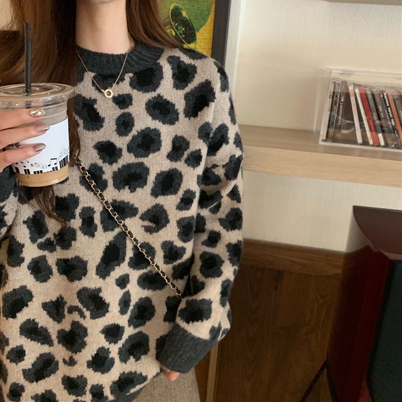 Leopard print sweater women's spring, autumn and winter 2024 new lazy wind Korean version loose ins super fire knitted bottoming shirt women - Negative Apparel