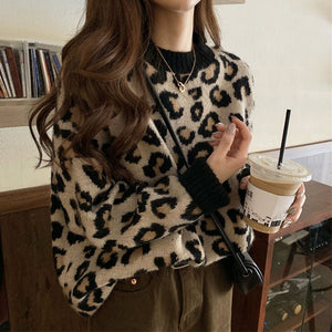 Leopard print sweater women's spring, autumn and winter 2024 new lazy wind Korean version loose ins super fire knitted bottoming shirt women - Negative Apparel