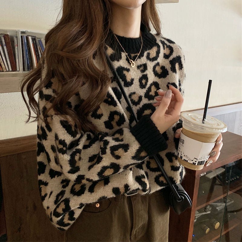 Leopard print sweater women's spring, autumn and winter 2024 new lazy wind Korean version loose ins super fire knitted bottoming shirt women - Negative Apparel