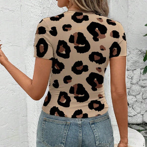 Leopard Print T-Shirt Milk Silk Elastic Short Sleeve Slim Top - Negative Apparel