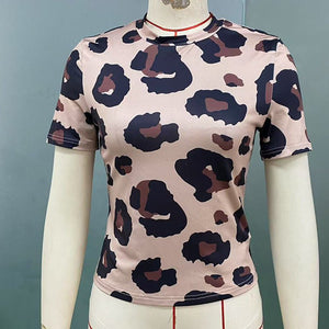Leopard Print T-Shirt Milk Silk Elastic Short Sleeve Slim Top - Negative Apparel