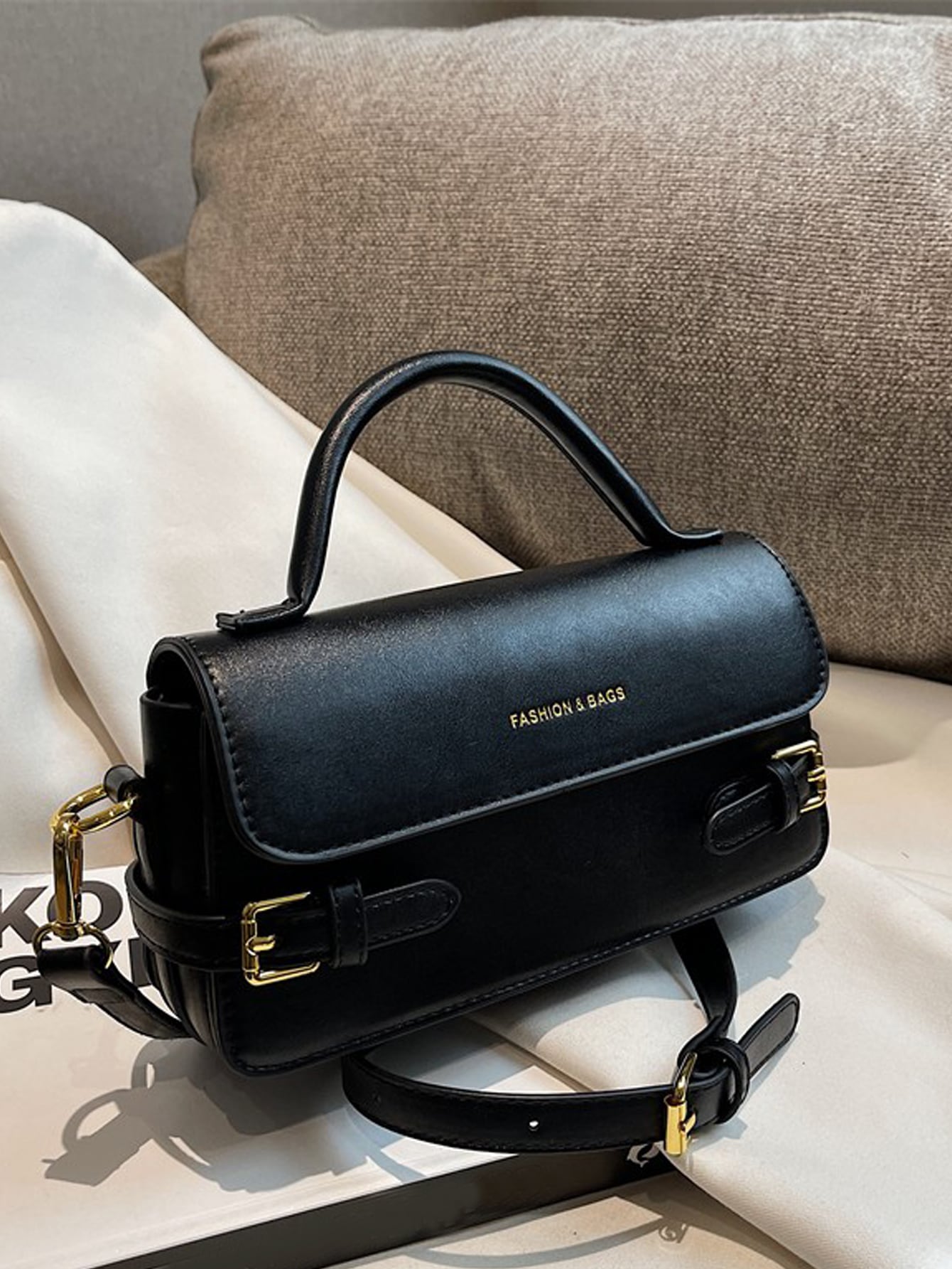 Letter Embossed Buckle Decor Flap Square Bag - Negative Apparel