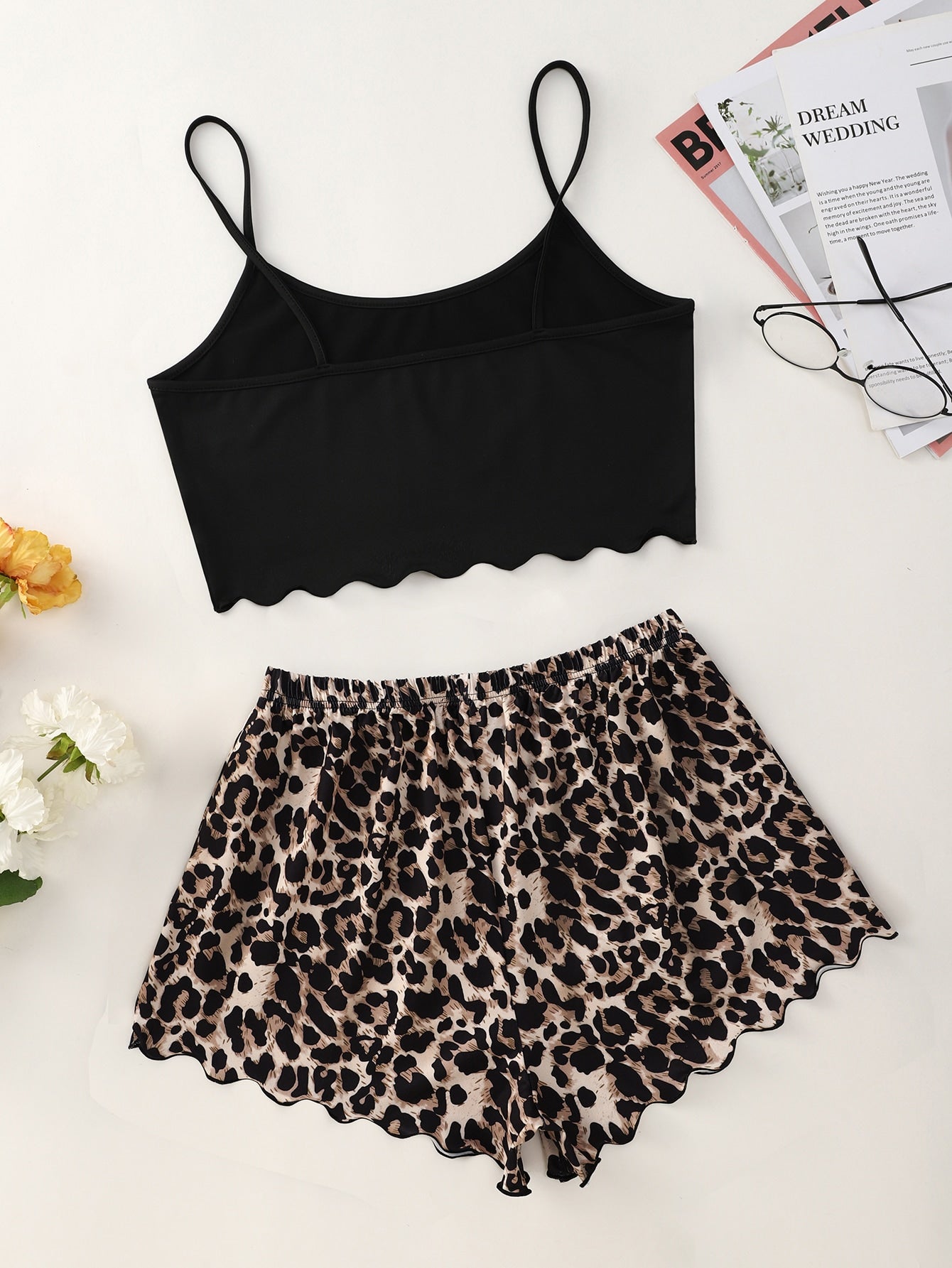 Letter Graphic Scallop Hem Cami Top And Leopard Shorts PJ Set - Negative Apparel