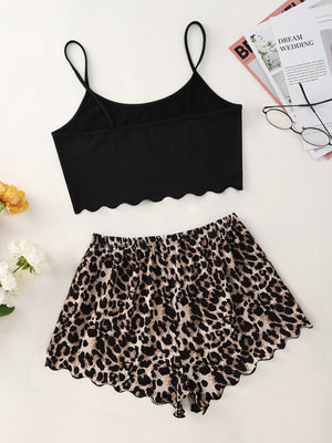 Letter Graphic Scallop Hem Cami Top And Leopard Shorts PJ Set - Negative Apparel