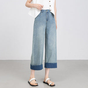 Light blue wide - leg jeans women's summer thin loose and comfortable small nine - point flanged straight - leg pants - Negative Apparel