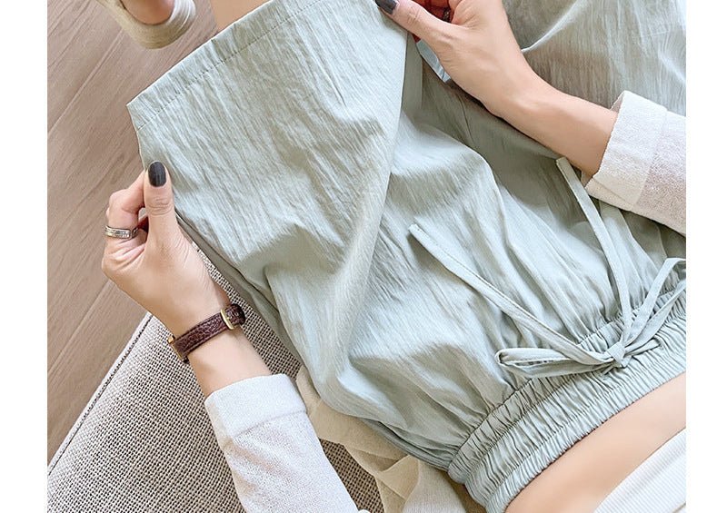 Light green ice silk Yamamoto shorts outside women's summer 2025 new high - waisted wide - leg medium pants loose casual five - point pants - Negative Apparel
