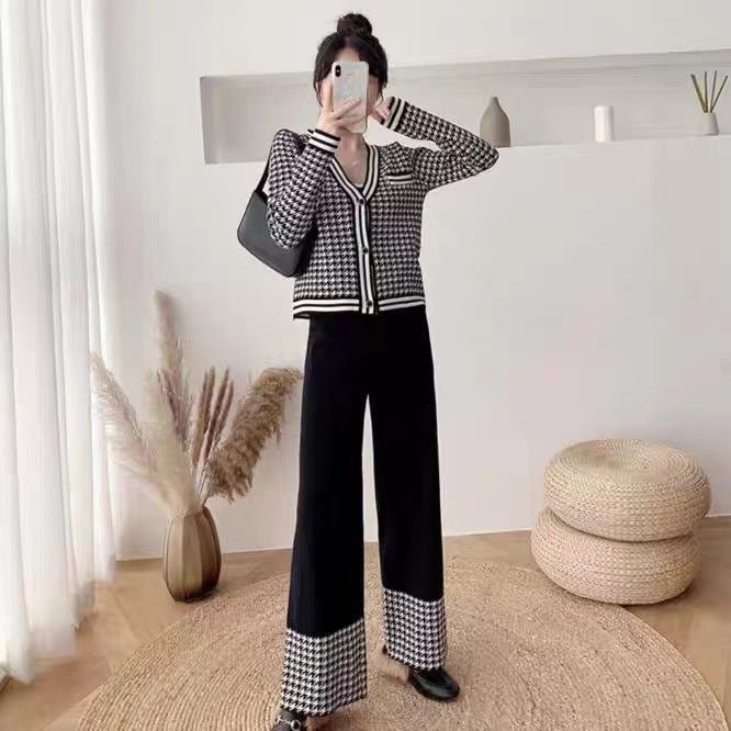 Light Ripe Wind Retro Thousand Birds Grid Knitted Muse Fan Two - piece Suit Spring Suit - Negative Apparel