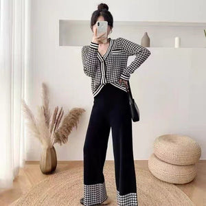 Light Ripe Wind Retro Thousand Birds Grid Knitted Muse Fan Two - piece Suit Spring Suit - Negative Apparel