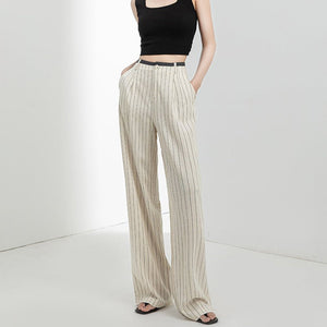 Linen summer thin high waist and thin drape women's small casual versatile striped narrow wide - leg pants - Negative Apparel