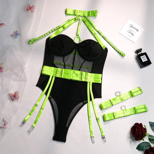 Lingerie gather body shaping sxy straps stitching contrast color heavy duty jumpsuit - Negative Apparel
