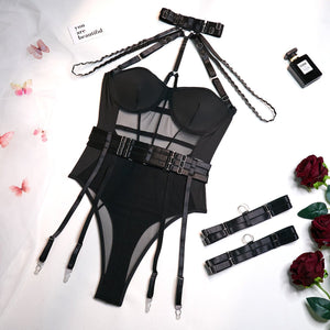 Lingerie gather body shaping sxy straps stitching contrast color heavy duty jumpsuit - Negative Apparel