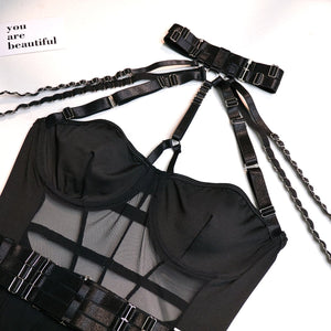 Lingerie gather body shaping sxy straps stitching contrast color heavy duty jumpsuit - Negative Apparel