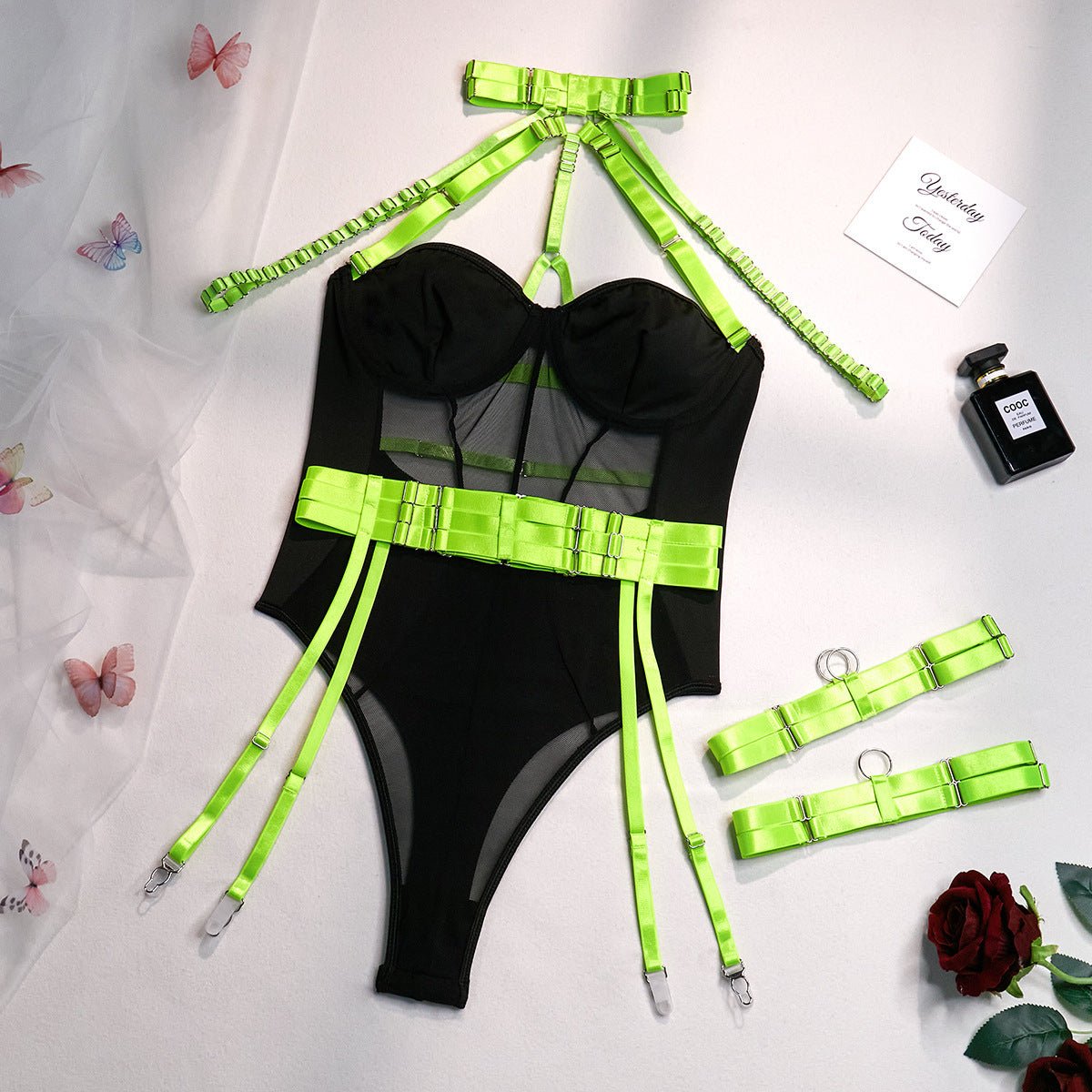 Lingerie gather body shaping sxy straps stitching contrast color heavy duty jumpsuit - Negative Apparel