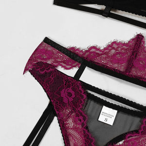 Lingerie suits fashion lace splicing mesh contrast sxy four - piece suits for women - Negative Apparel