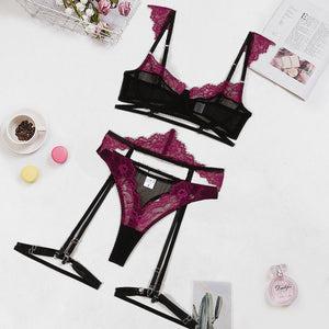 Lingerie suits fashion lace splicing mesh contrast sxy four - piece suits for women - Negative Apparel